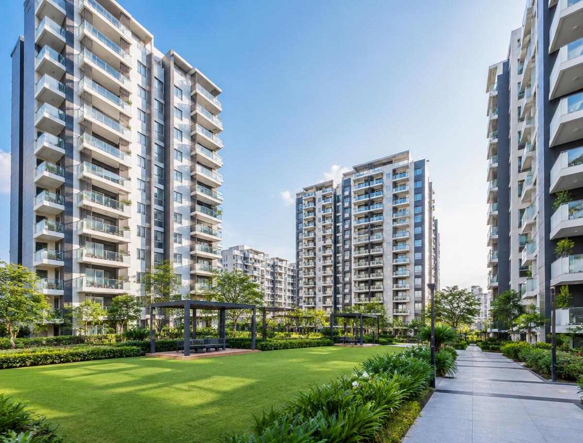 Modern residential development with landscaped gardens