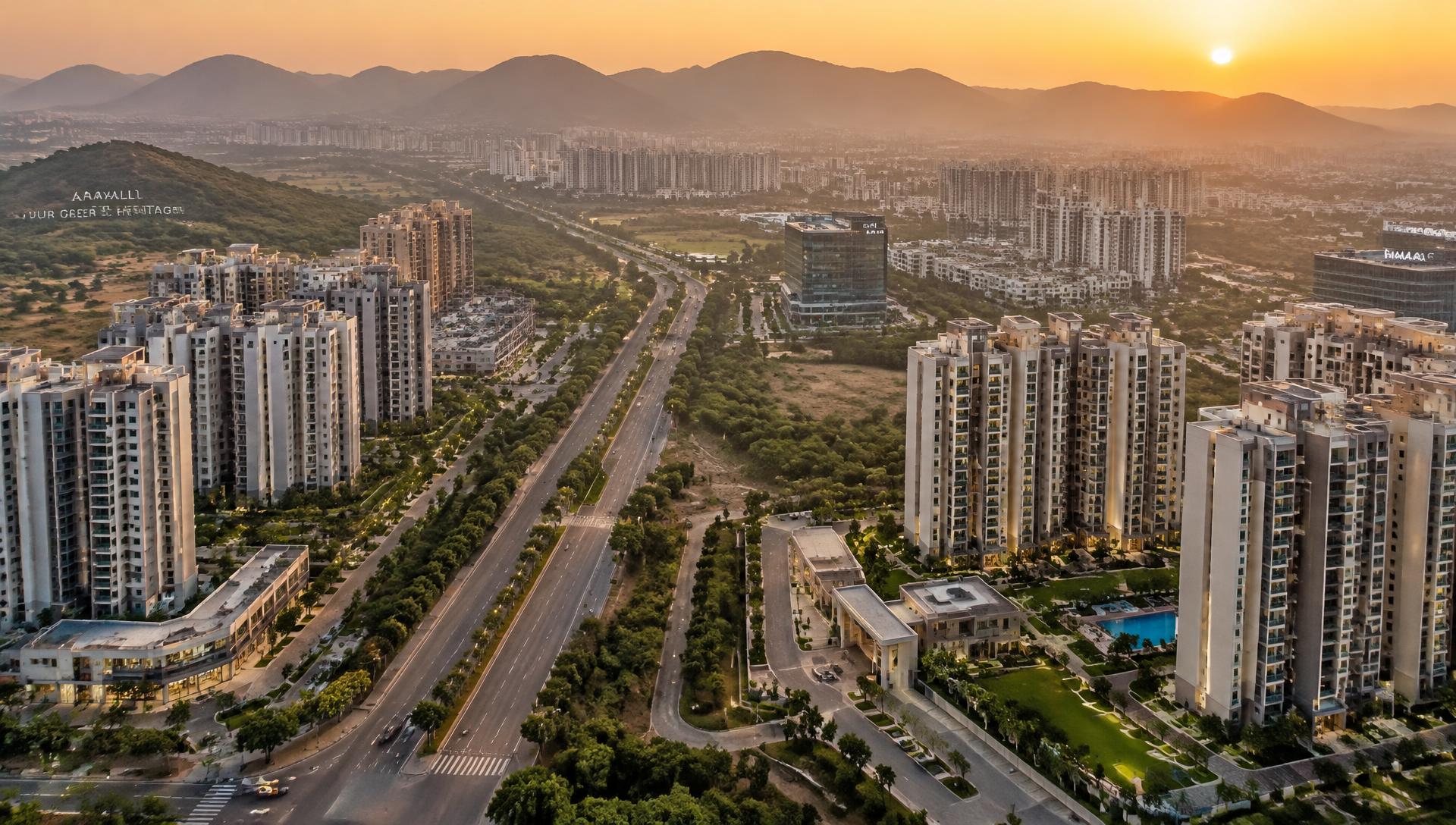Aerial view of a developing city with residential societies and green roads