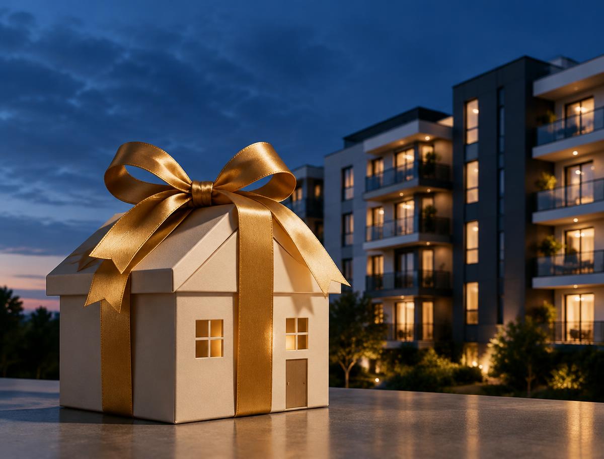 Gift-wrapped house in front of a modern apartment building